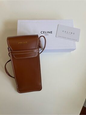 Celine Brown Leather Phone Pouch with Gold Logo